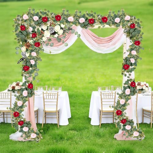 2 Pack 12Ft Artificial Flower Garland with Eucalyptus and 12 Roses, Fake Rose Garland Floral Vines for Wedding Backdrop, Table Centerpieces, Party Decor, Wall Greenery (Red Pink, 2PCS) - color: Red Pink