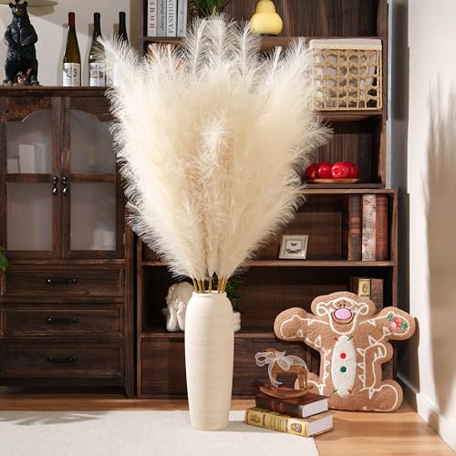Premium Faux Beige Pampas Grass – 55" 8pcs Tall Ultra-Fluffy 24-Branch One-Piece Stems No Assembly, Luxury Silk-Feel Feather Flowers for Boho Modern Farmhouse Home Decor (Sand, 8 Stems) - color: Faux Beige, size: 8pcs 55"(140cm)