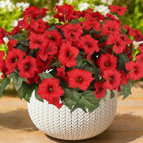Artificial Flowers for Outdoors, Faux Petunias Spring Summer Decoration, Fake Flowers Plants UV Resistant Look Real Silk Flowers for Outside Planter Front Door Porch Patio Yard (6, Red) - color: Red