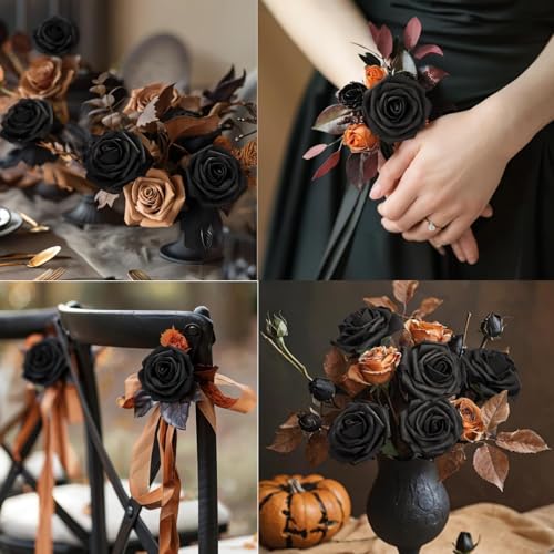 Artificial Flowers Roses with Stems for DIY Wedding Christmas Tree Bouquet Baby Shower Centerpiece Floral Arrangement Party Home Decor Mothers Day Decorations (Black, 25) - color: Black, size: 25