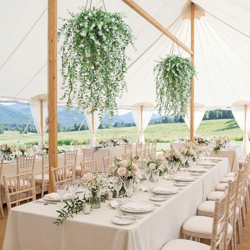 Artificial Hanging Eucalyptus Flowers for Outdoors 6PCs White Faux Hanging Vines Plants UV Resistant Fake Ferns Plants for Outdoors Home Porch Patio Garden Front Porch Summer Decor(White) - color: White