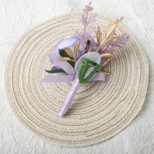 Boutonniere for Men Artificial Flowers 1 Piece Wedding Prom Homecoming Corsage Anniversary Party Decoration (1, Purple) - color: Purple