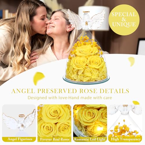 Mothers Day Flowers Gifts for Mom Flowers for Delivery Preserved Flowers Forever Real Fresh Roses in Glass Angel Figurines Birthday Gifts for Women Anniversary Present for Grandma Wife from Daughter - color: Yellow (Rose, Baby's Breath, Hydrangea)
