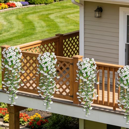 4 Pcs Artificial Hanging Flowers for Outdoor, Fake Silk Daisy Flowers Spring Summer Decoration UV Resistant Faux Plants for Planter Front Door Porch Patio Balcony Yard Decor, White - color: White