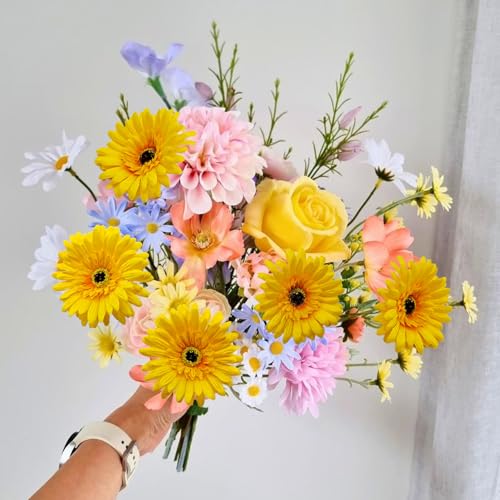 20 Pcs Fake Silk Gerbera Daisy Artificial Flowers with Stems Faux Daisies Flower Bulk for DIY Art Crafts Home Wedding Party Vase Centerpieces Tables Garland Wreath Decoration (Yellow) - color: Yellow