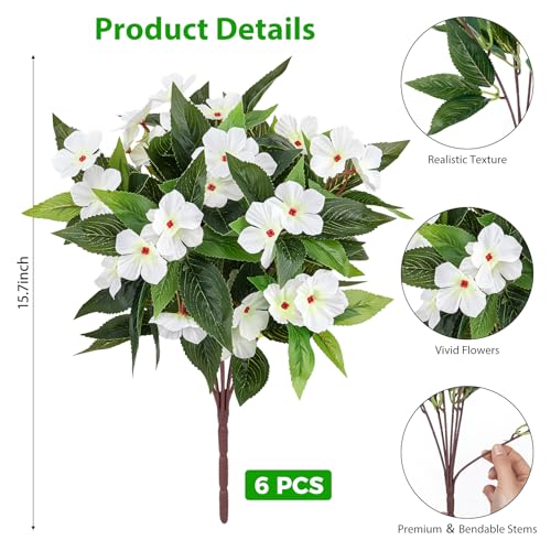 Roberly 6 Bundles Artificial Flowers for Outdoors, Faux Silk Catharanthus Roseus Flowers Bouquet Fake Greenery Plant for Spring Summer Garden Patio Porch Window Box Table Home Decor, White - color: White