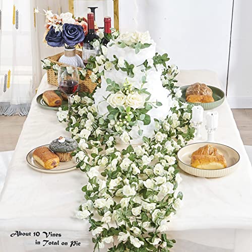 PONKING 8 Pcs x 8.2 ft Flower Garland Artificial Rose Vine Flowers with Green Leaves Hanging Fake Roses Vine for Room Party Home Wedding Birthday Christmas Wall Arch Decor, Spring White Flower - color: Spring-white-8pcs, size: 8 Vines 66FT