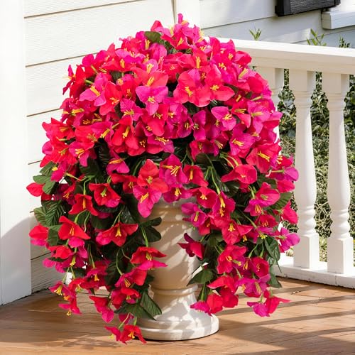 Artificial Bougainvillea Hanging Flowers Plants - 2 PCS faux Bougainvillea flowers with Long Trailing Vines for Outdoor Decoration, Perfect for Porch, Urn Patio Balcony (Rose Red & Red Lotus Mix) - color: Rose Red & Red Lotus Mix