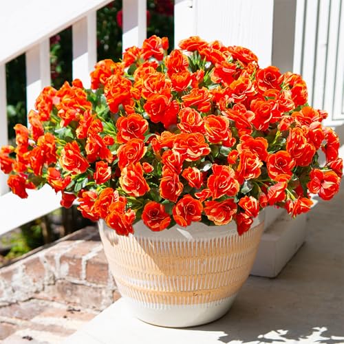 HyeFlora Artificial Faux Outdoor Outside Flowers Plants For Spring Decor, Fake Silk Orange Camellia UV Resistant Look Real for Autumn Planter Front Door Porch Patio Balcony Decoration, 3 Large Bundles - color: Orange