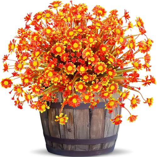 8 Bundles Artificial Daisy Fall Flowers for Outdoor UV Resistant Fall Decor | Faux Orange Flowers Plastic Greenery Shrub Fake Mums Flowers Plants for Home Garden Porch Patio Summer Fall Decorations - color: Orange, size: 8 Bundles