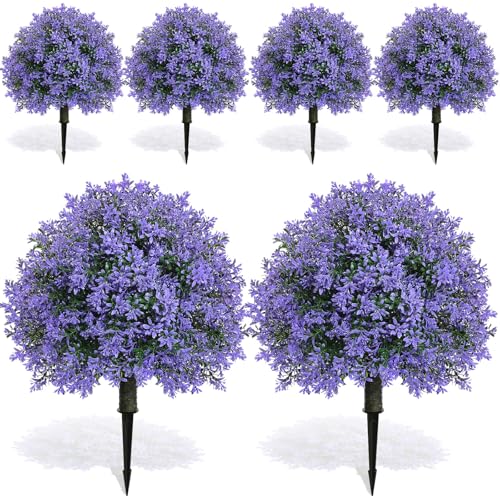 Yunlly Artificial Lavender Topiary Ball Trees, 6 Set of 20'' Faux Bushes for Front Porch Decor, UV Resistant Fake Evergreen Shrubs Plants with Ground Spike, Faux Plants for Outdoor Indoor Garden - color: Green, Purple