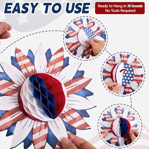 Paper Jazz 4th of July Decorations Paper Flower American Flag Red White and Blue Decor for Presidents Day,Patriotic Decoration Haning Paper Honeycomb for Veterans Day, Independence Day Birthday Party - color: blue And White