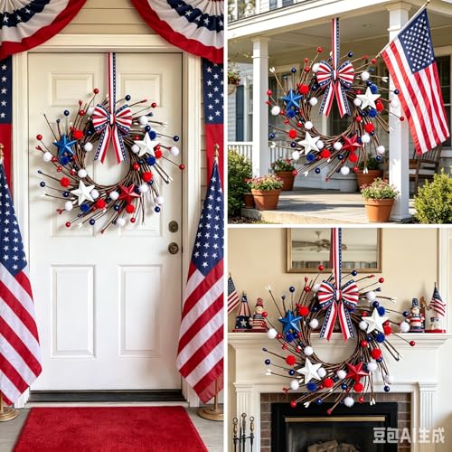 6 Pcs Mini 4th of July Hanging Wreaths for Cabinets with Berries Pom Poms Balls Artificial Small Independence Day Pillar Candle Rings Wreath for Home Kitchen Front Door Window Porch Wall Decor - color: Patriotic-14