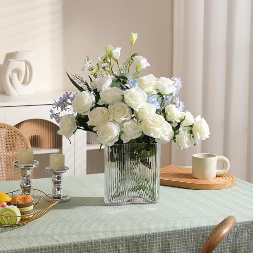 White Fake Roses Artificial Flowers - 10 Pcs Fake Artificial Roses Silk Flowers with Stems for Home Wedding Hotel Office Centerpiece Decor - color: White, size: 10 Pcs