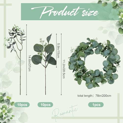 20 Pcs Eucalyptus Leaves Stems and Eucalyptus Garland 6.56 ft Artificial Silver Dollar Leave Picks Faux Branches Greenery Bouquet for Front Door Wedding Centerpiece Arch Wall Decoration Vase Filler