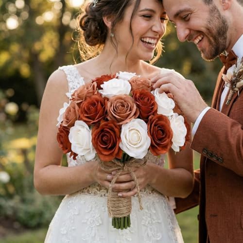 Hoteam 72 Heads Burgundy Brown Artificial Rose Flowers 6 Bouquet Wedding Decoration Faux Flower Arrangement Bouquet with Stem Bridal Shower Gift Floral Centerpiece for Tables - color: Brown