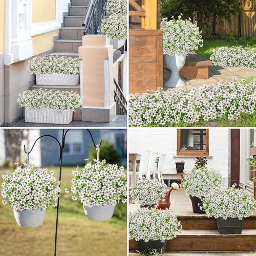 Bassion 20 Bundles Artificial Flowers for Outdoors Decorations, UV Resistant Faux Plants Fake Silk Flowers for Outside Daisy Hanging Planters Window Box Front Door Porch Patio Yard Home Decor - color: White