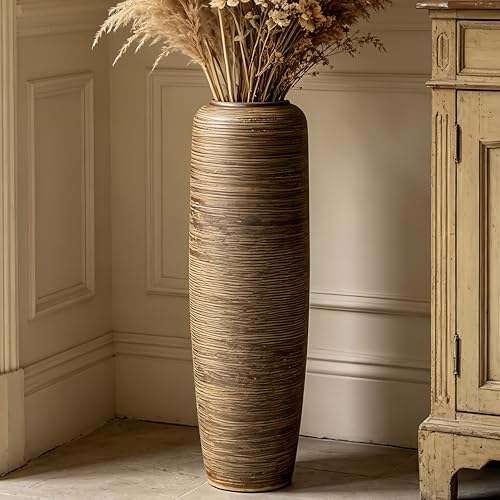 23.6 Inch Rustic Ceramic Large Floor Vase, Ribbed Textured Rustic Farmhouse Vase for Pampas Grass, Living Room & Entryway Décor, Handmade Ceramic Accent - size: 23.6 Inch