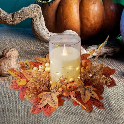 Fall Candle Rings Wreaths Thanksgiving Candle Ring Holder Artificial Maple Leaf Candle Garland Mini Flower Candleholder Wreaths for Thanksgiving Table Decorations Centerpieces