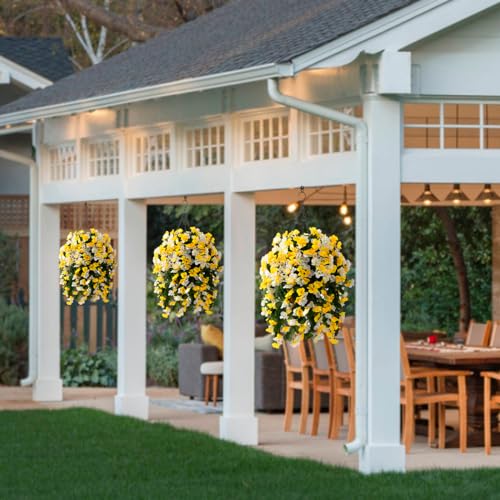 INQCMY Artificial Hanging Flowers Basket for Outdoor Outside Spring Decoration,Faux Silk Begonia in Planter Look Real UV Resistant for Porch Home Patio Garden Yard Decor - color: Yellow White