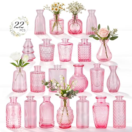 RUCKAE Glass Bud Vases Mini Flower Vase Small Vintage Vases for Centerpiece Table Wedding Decorations Home Decor Party(Pink 22 Pack) - style: Pink 22 Pack