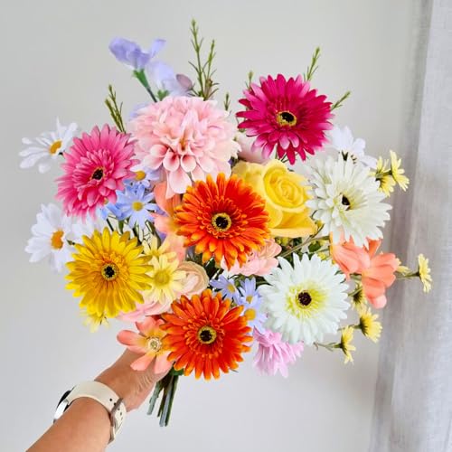 20 Pcs Fake Silk Gerbera Daisy Artificial Flowers with Stems Faux Daisies Flower Bulk for DIY Art Crafts Home Wedding Party Vase Centerpieces Tables Garland Wreath Decoration (Multi Color) - color: Multi Color