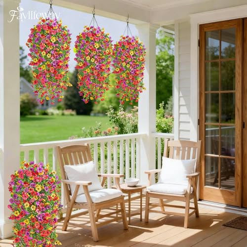Artificial Hanging Flowers for Outdoors, 4PCS UV Resistant Artificial Outdoor Flowers, Silk Flowers for Outside Patio Porch Front Yard Window Garden Indoor Decor(Spring Color,4PCS) - color: Summer Color, size: 4PCS
