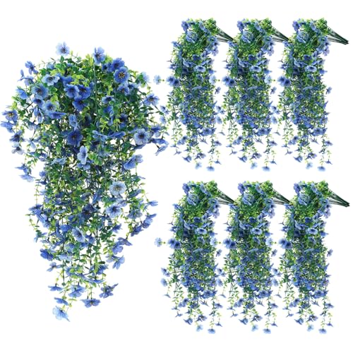 6 Pcs Spring Artificial Hanging Flowers Outdoor Faux Silk Mum Plant Decor Violet with Eucalyptus Realistic UV Resistant Trailing Vine Spring Porch Yard(Light Blue,Violet) - color: Light Blue, style: Violet