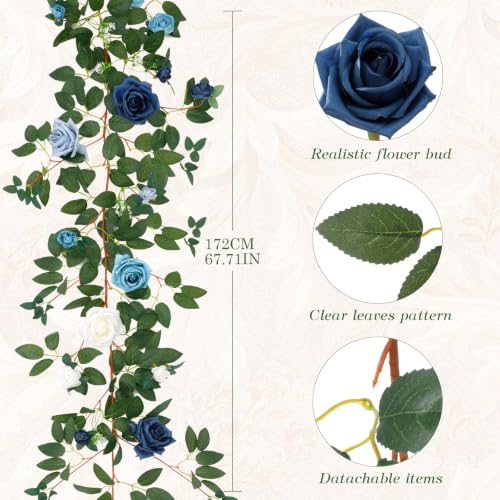 2 Pack 11.2 Ft Artificial Flower Garland with White Roses, Realistic Fake Greenery Vines with 17 Roses Flowers for Wedding Table Centerpieces Arch Party Ceremony Backdrop Decor (Mix Blue) - color: Mix Blue