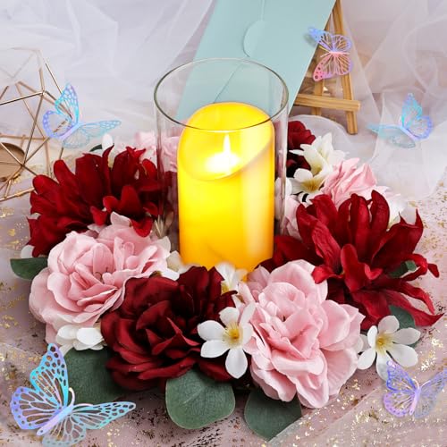 Artificial Flower Candle Rings - 6 Inch Inner Rose Floral Wreaths with Butterflies for Wedding Bridal Event Table Centerpieces Backdrop Decorations (Burgundy & Pink, 2 X Candle Rings) - color: Burgundy & Pink, size: 2 X Floral Wreaths