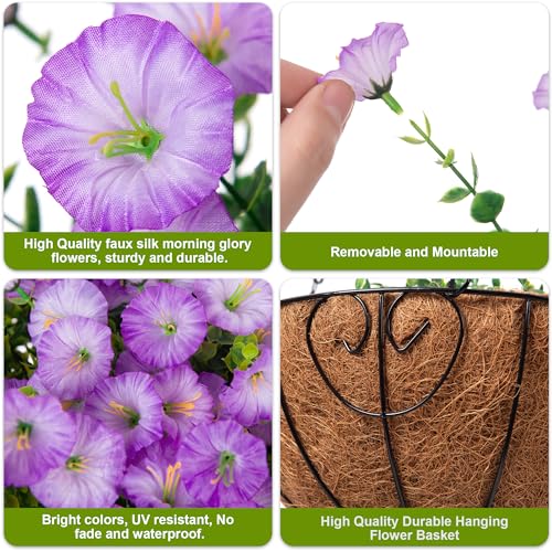 Artificial Fake Hanging Plants Flowers Basket for Outdoors Spring Summer Decoration, UV Resistant Realistic Outdoor Faux Silk Morning Glory in Planter for Outside Porch Patio Balcony Garden Yard Home - color: Purple 2
