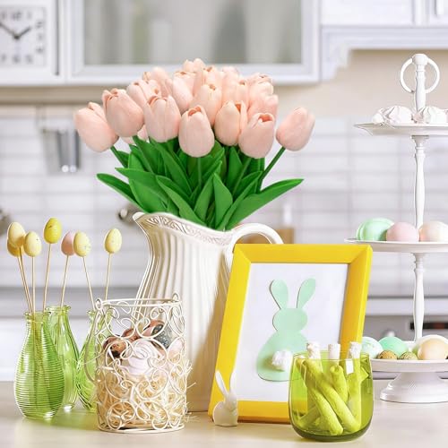28pcs Light Pink Flowers Artificial Tulip Stems Real Feel PU Tulips for Easter Spring Wreath Wedding Bouquet Centerpiece Floral Arrangement Cemetery Table Décor 13" Tall - color: Light Pink