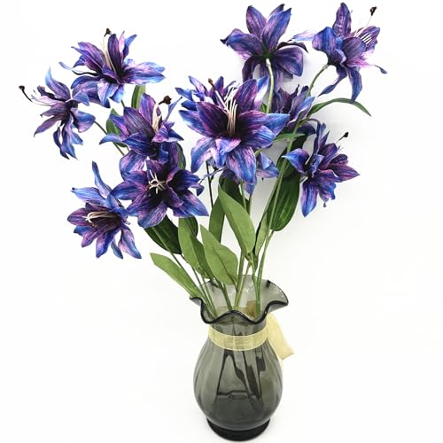 Artificial Lily Flowers, Vintage Fake Silk Flower Long Stems 4 Pack, Faux Stargazer Lilies Real Touch Tiger Bouquets for Indoor Outdoor Decor Wedding Party Floral Arrangement DIY Decorations - Purple - color: Lily Silk Flowers / Purple 4 Pack