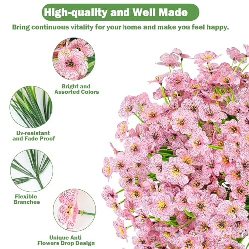 Nepfaivy Artificial Flowers Outdoor Pink - 24 Bundles UV-Resistant Fake Flowers for Outside with Realistic Plastic Plants, Real Looking No Fade Faux Silk Flowers for Planters, Porch,Garden Decoration - color: Pink