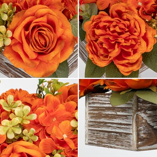DILATATA Flower Arrangement with Wooden Vase 14" Artificial Flowers in Pot - Fake Flowers Roses Peonies Hydrangeas in Wooden Vase Potted Flower Centerpieces for Table Decor Living Room - Burnt Orange - color: 14"l Burnt Orange