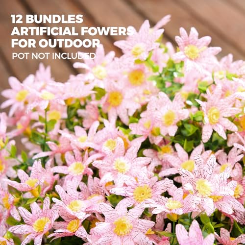 PONKING Artificial Flowers for Outdoors Patio Decoration 12 Bundles Fake Flower Daisy UV Resistant Faux Plants Yard Garden Porch Home Boxwood Planter Patio Mothers Day Decor, Light Pink Flower - color: D Light Pink Daisy 12pcs