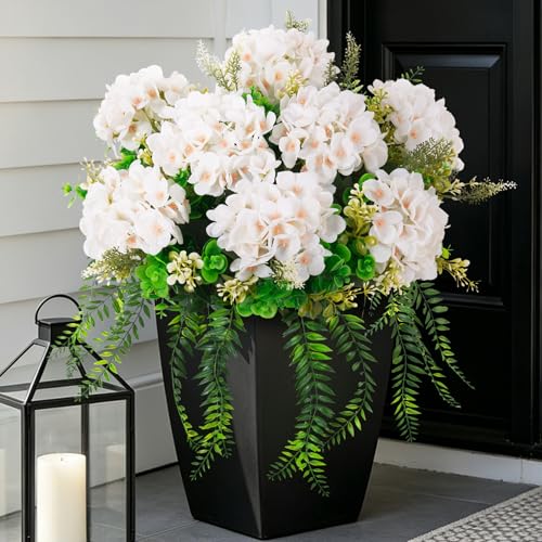 Ammyoo 8 Pcs Artificial Hydrangea Flowers Silk White Fake Flower with Eucalyptus for Outdoor Decorations UV Resistant Realistic Faux Plants for Garden Porch Window Box Indoor Table Decor - color: White