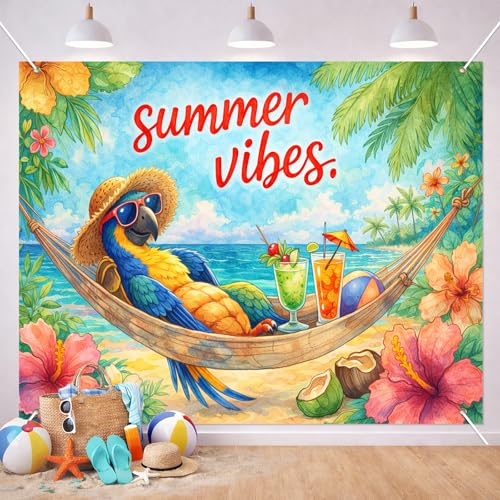 BlissYard Summer Vibes Backdrop 8x6ft Tropical Parrot Hammock Beach Party Background Cloth for Photography, Island Luau Hawaiian Banner Photo Booth Scene with Hibiscus Flowers Ocean Cocktail Decor - color: Tropical Parrot#1