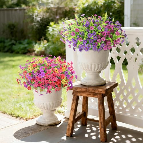 Artificial Fake Flowers Plants for Outdoors, 12 Bundles Multicolor Faux Silk Flower Spring Summer Decoration, UV Resistant No Fade Artificial Outdoor Plant for Home Planter Porch Patio Yard Decor - color: Light Purple,rose,red,yellow