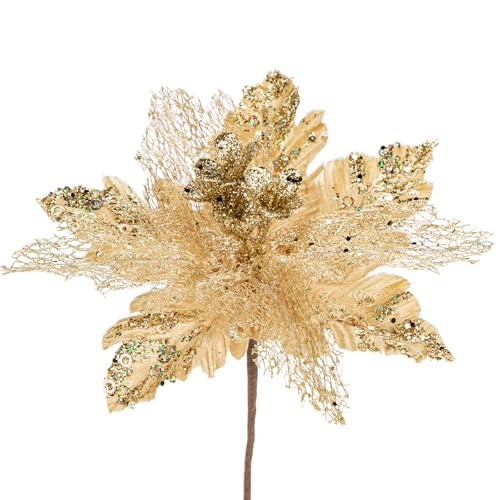 Briful 6PCS Poinsettias Christmas Tree Flowers 9.8'' Artificial Christmas Floral Picks and Sprays Large Gold Silk Flowers with Stems for Xmas Home Vase Table Centerpiece Garland Decor - color: Gold