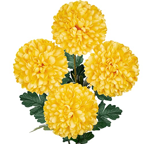 Briful Artificial Chrysanthemums Ball Flowers 6’’ Large Heads Mums Stems Autumn Yellow Fake Hydrangea Flowers Bouquet for Home Garden Party Wedding Decoration, Set of 4 - color: Yellow