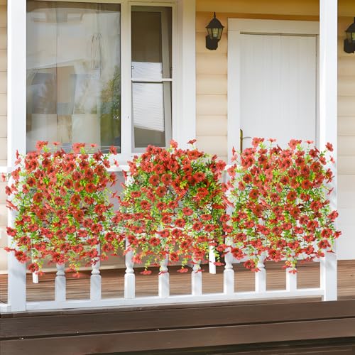 ZFProcess Artificial Hanging Flowers for Outdoors Spring Decoration, 2PCS Silk Fake Daisy Realistic Outdoor Flowers UV Resistant Porch Patio Window Yard Decor(Red) - color: Red