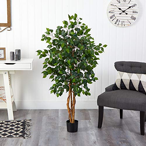 Nearly Natural 4ft Triple Trunk Ficus Silk Tree with Natural Wood Trunks and Dense Foliage, Mid-Size Faux Floor Plant for Home and Office - size: 4ft, style: Tree in Pot