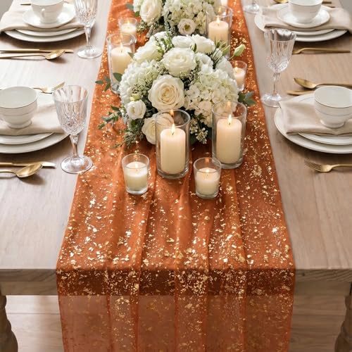 Artoid Mode Caramel Gold Gauze Table Runner 120 Inch 10FT, Glitter Metallic Foil Sheer Dining Wedding Anniversary Birthday Table Decor for Home Party - color: Caramel, size: 28" x 120"