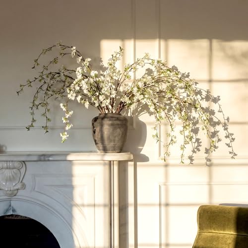 Zeyune 6 Pcs Artificial Cherry Blossom Branches with Green Buds 40", Spring Evergreen Faux Stem Plastic Plant Stem Picks Sprigs for Tall Vase DIY, Modern Home Table Wedding Indoor and Outdoor Decor - color: White, size: Blossom Style