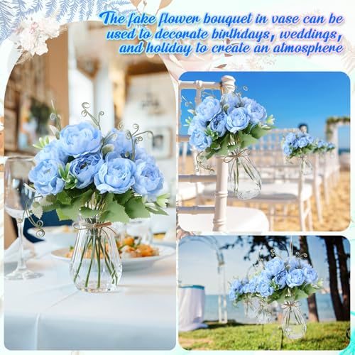 Zeyune 37 Pack Artificial Peonies Flowers with Bud Vase Bulk 24 Bundles Silk Peonies Bouquets 12 Plastic Clear Vase with 1 Rope Fake Flowers for Table Centerpiece Vases(Blue,Perfume) - color: Blue, style: Perfume