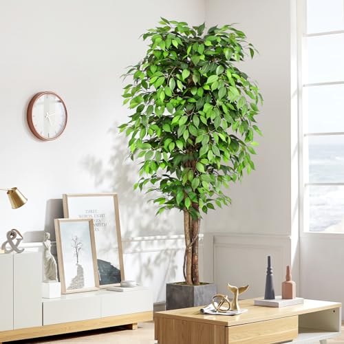 7ft Large Ficus Artificial Trees with Natural Curved Trunks, 84" Tall Lush Faux Tree for Home Decor Indoor, Green Lifelike Fake Ficus Tree Artificial Plants in Pot - size: 7.2ft