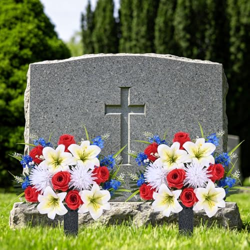 MARTINE MALL 2 Sets Artificial Cemetery Flowers for Grave, Artificial Grave Flowers Memorial Day Flowers for Cemetery Red White Blue Rose Lily Flowers with Vase for Cemetery Grave Decoration