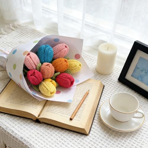 Colorful Tulips Crochet Flowers Bouquet Handmade Knitted Artificial Flowers Home Decor - color: Flowers001