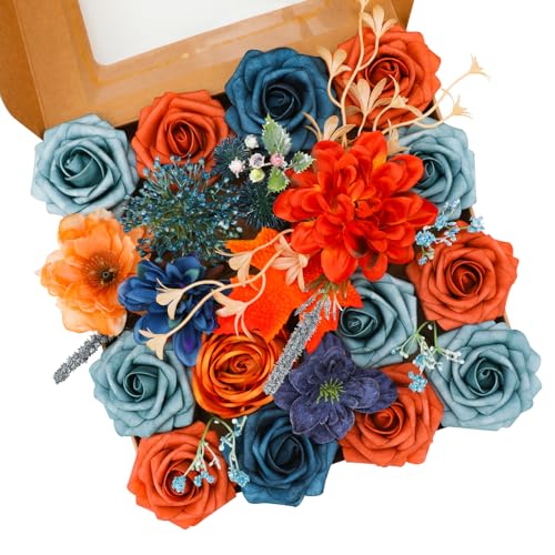 Floweroyal Artificial Flowers Combo Orange Flowers Mix Silk Flowers Dahlia Roses with Stems for DIY Wedding Bridal Bouquets, Baby Shower, Floral Arrangement, Table Centerpieces, Home Decorations. - color: Autumn Orange & Blue